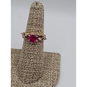 Ring  Size  5.75 Sterling Gold Tone  Overlay Red Solitaire Stone Clear  Cubic...